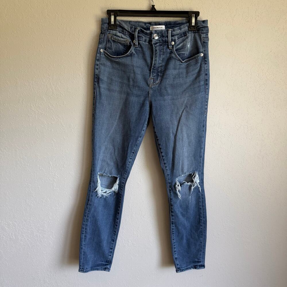 Good American Good Legs Cropped Distressed Knee Mid Wash Denim Jeans Womens 28